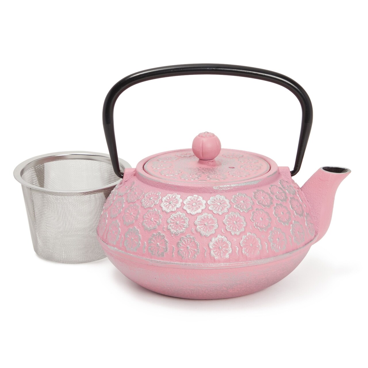 Pink Floral Cast Iron Teapot Kettle with Stainless Steel Infuser